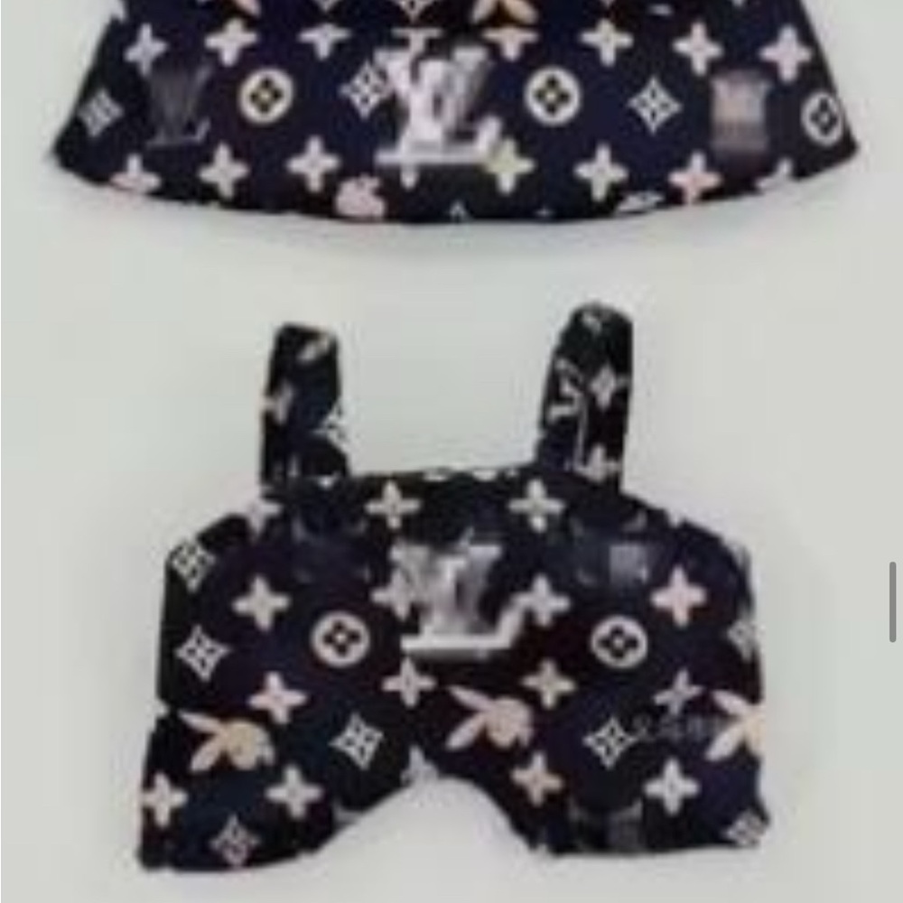 Stylish Black LV logo overalls & hat set for Pop marts Labubu doll